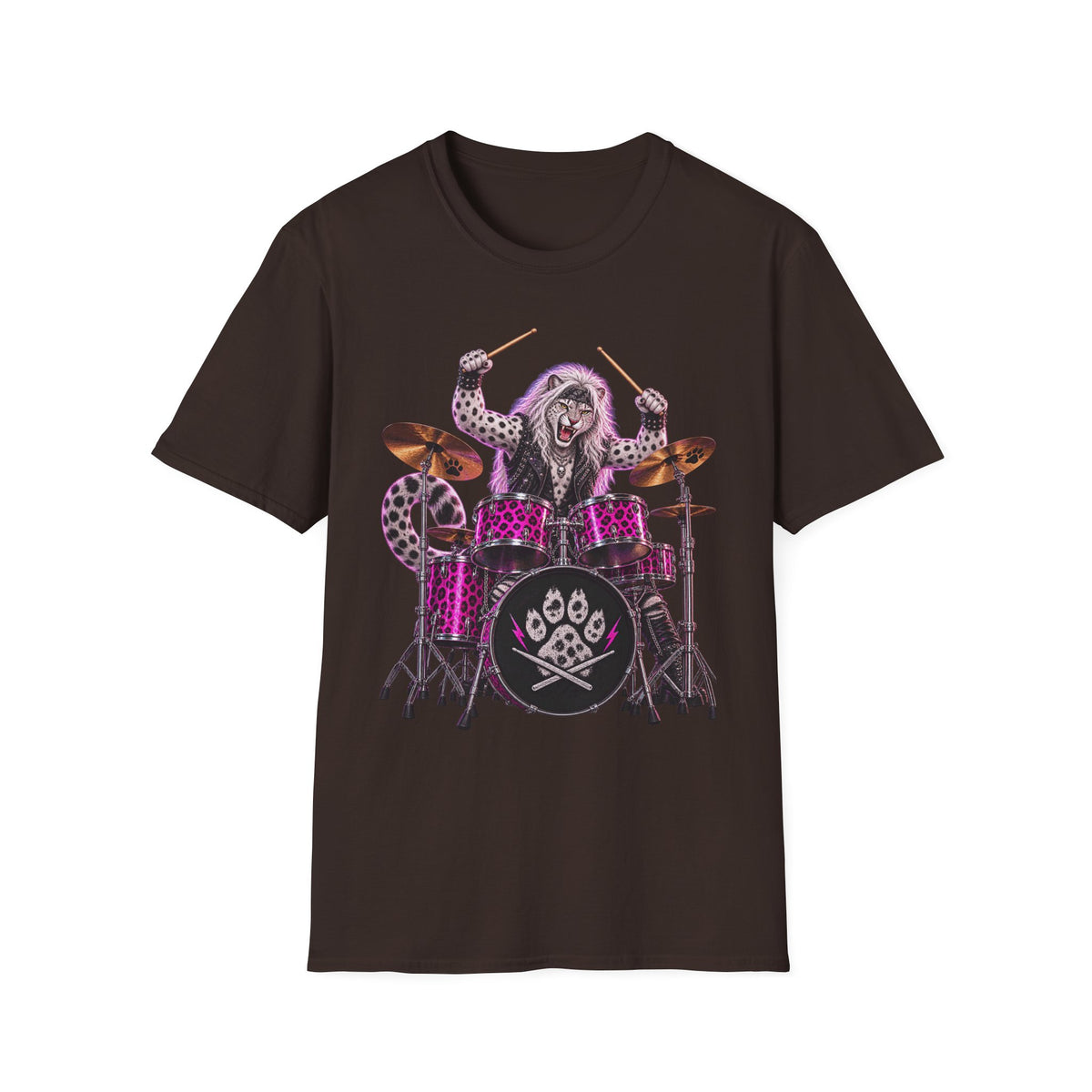 Drumming Snow Leopard T-Shirt — Cute Rock Band Animal Drum Kit Tee