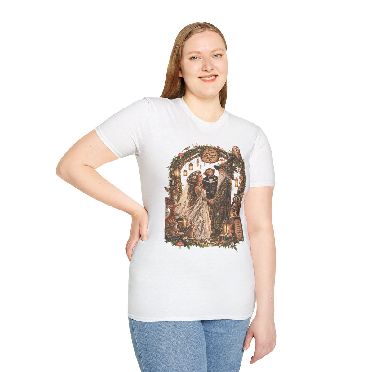 Woodland Wizard Wedding Fantasy T-Shirt — Fairy Tale Bride & Groom Illustration