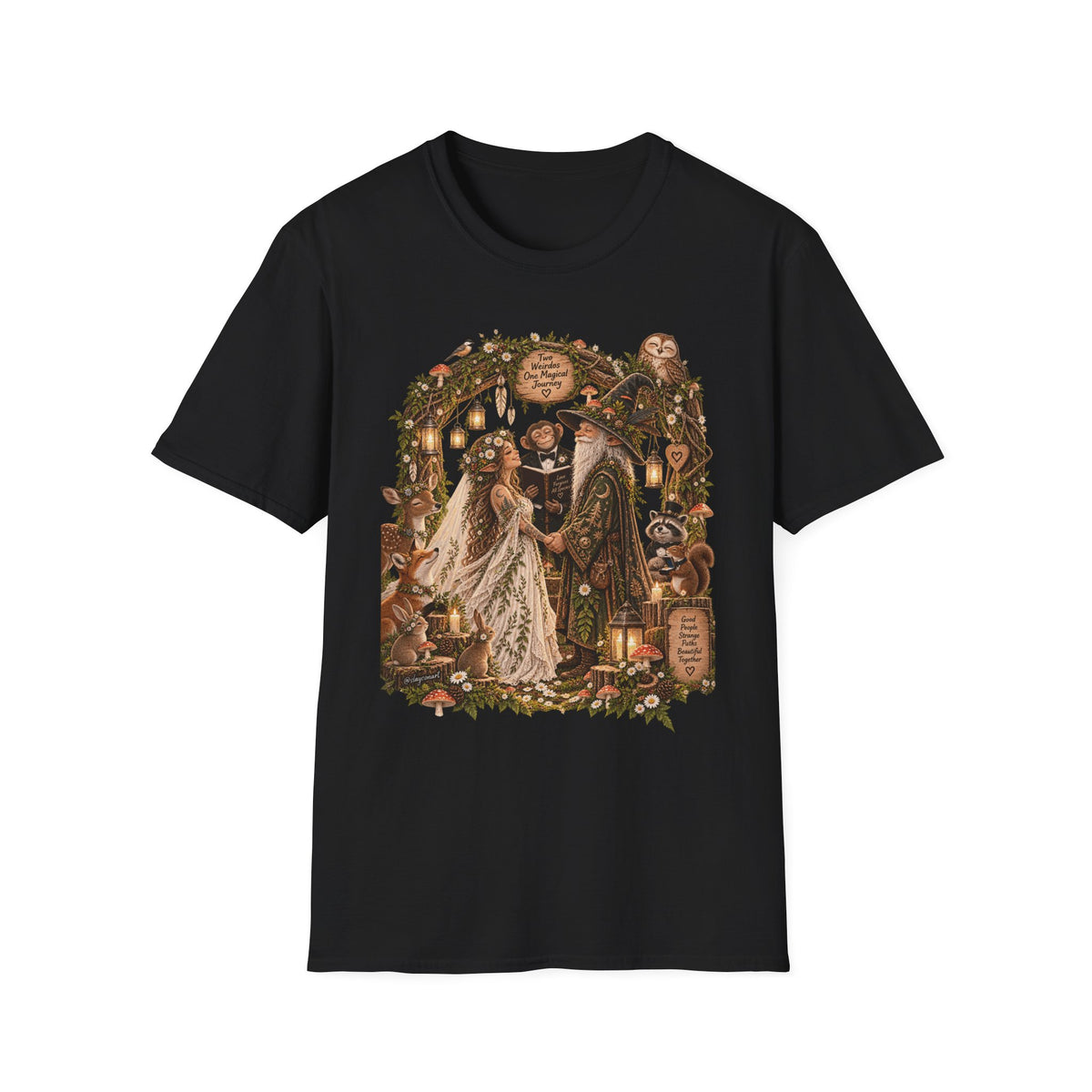 Woodland Wizard Wedding Fantasy T-Shirt — Fairy Tale Bride & Groom Illustration