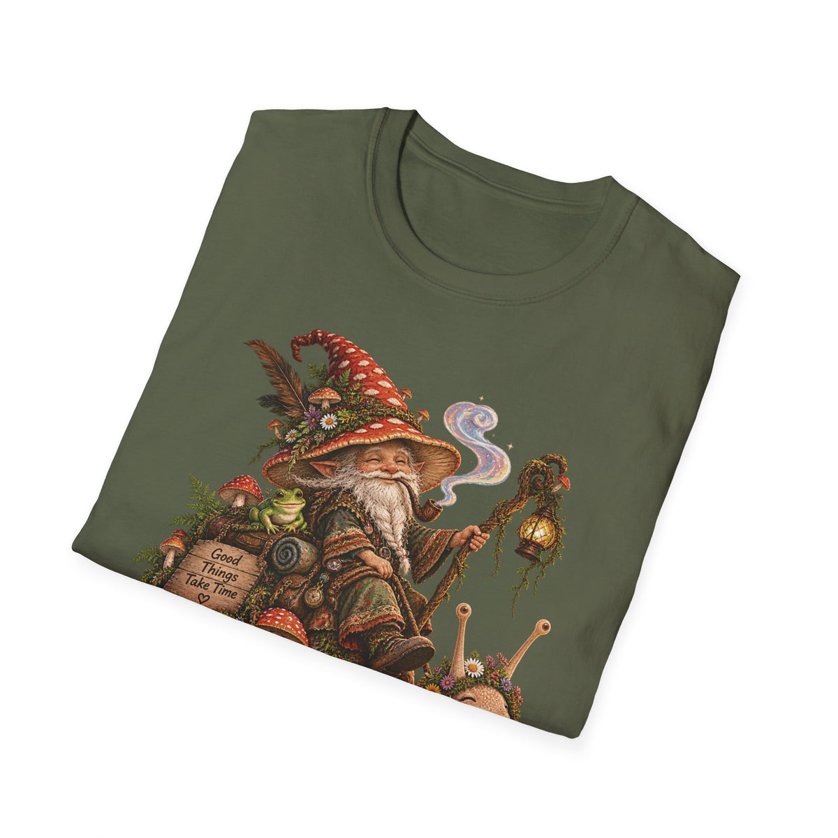 Mushroom Wizard Riding Snail T-Shirt  Whimsical Fantasy Illustration Tee