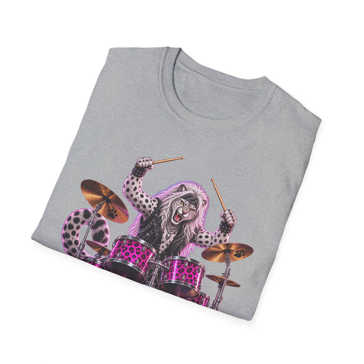 Drumming Snow Leopard T-Shirt — Cute Rock Band Animal Drum Kit Tee