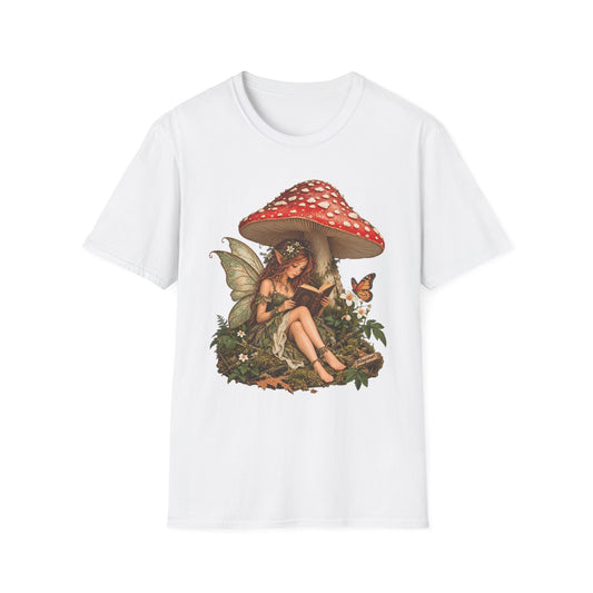 Fairy Mushroom T-Shirt — Woodland Fairy Reading Under Red Toadstool