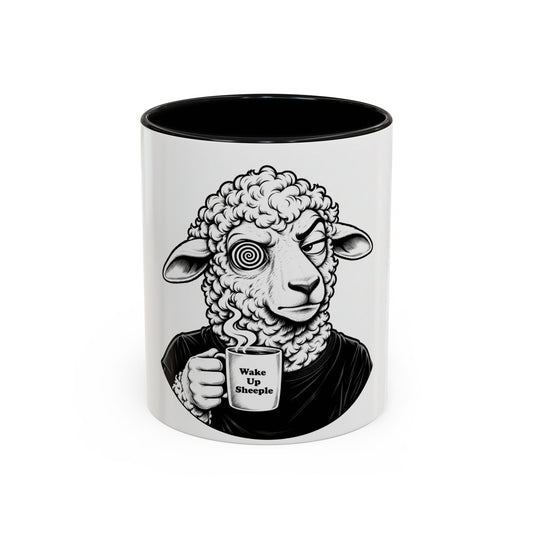 Wake Up Sheeple Coffee Mug — Black-Accent Ceramic Mug with Sheep Illustration