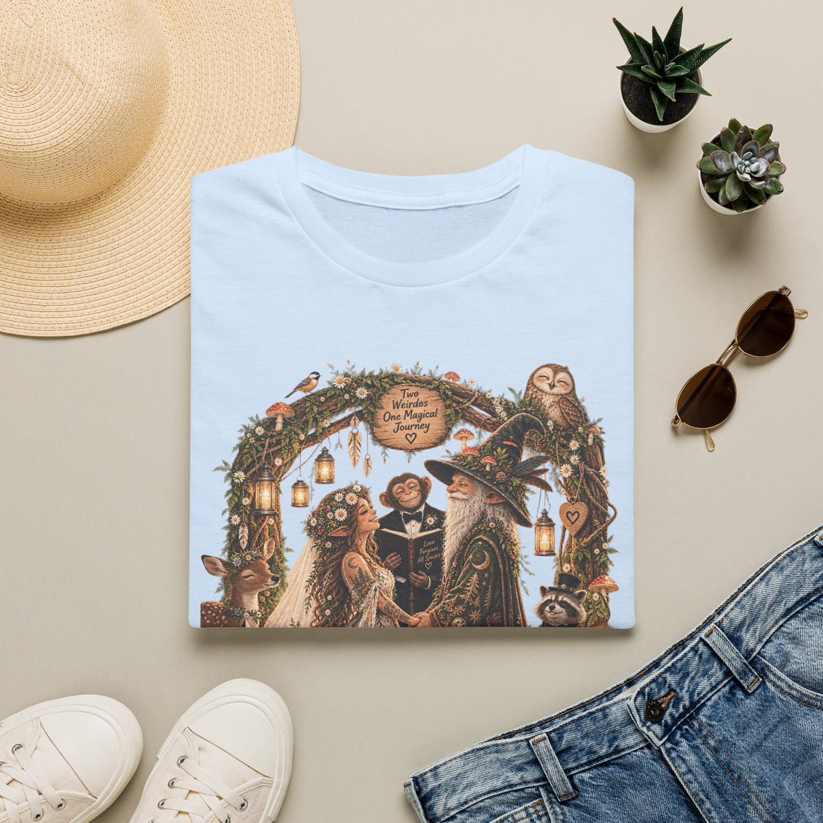 Woodland Wizard Wedding Fantasy T-Shirt — Fairy Tale Bride & Groom Illustration