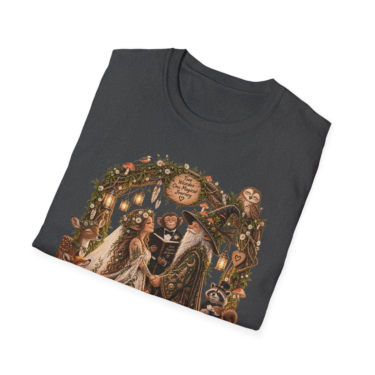 Woodland Wizard Wedding Fantasy T-Shirt — Fairy Tale Bride & Groom Illustration