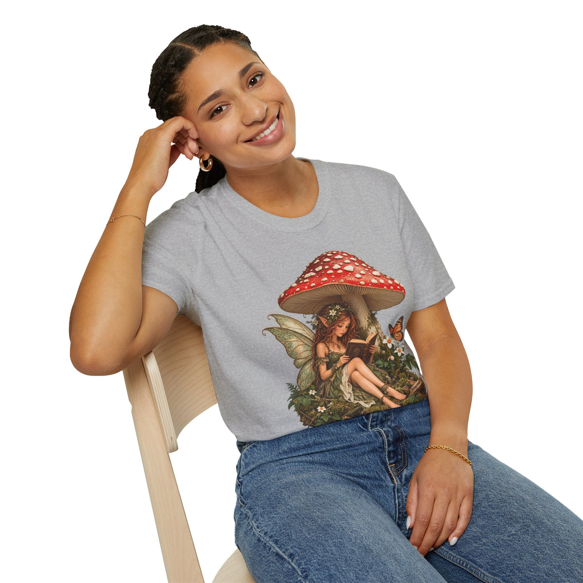 Fairy Mushroom T-Shirt — Woodland Fairy Reading Under Red Toadstool