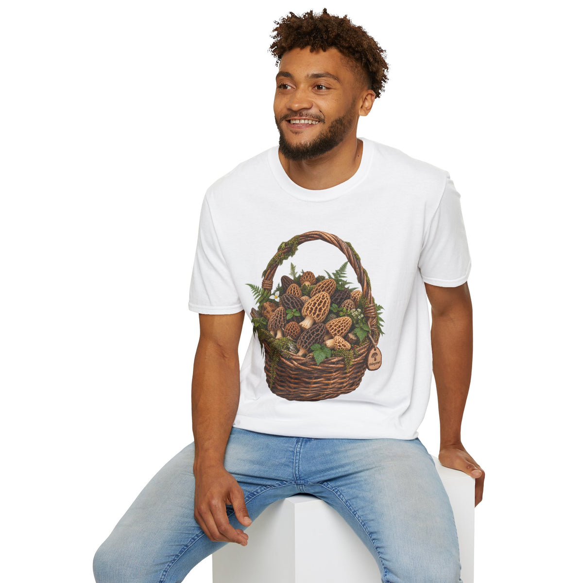 Morel Mushroom Basket T-Shirt Woodland Foraging Nature Graphic Tee Unisex Softstyle T-Shirt