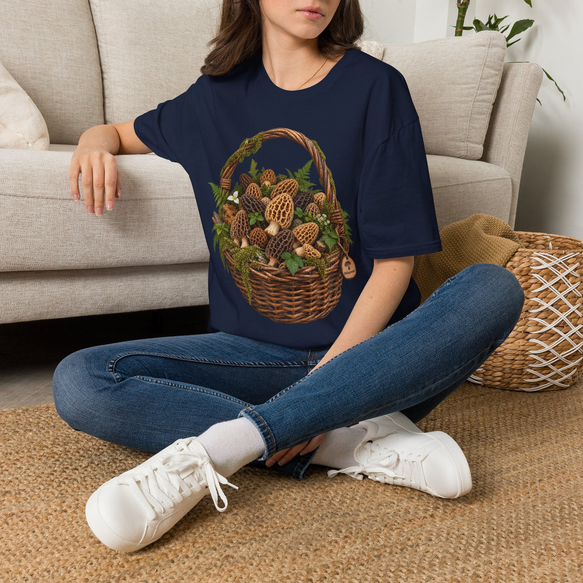 Morel Mushroom Basket T-Shirt Woodland Foraging Nature Graphic Tee Unisex Softstyle T-Shirt