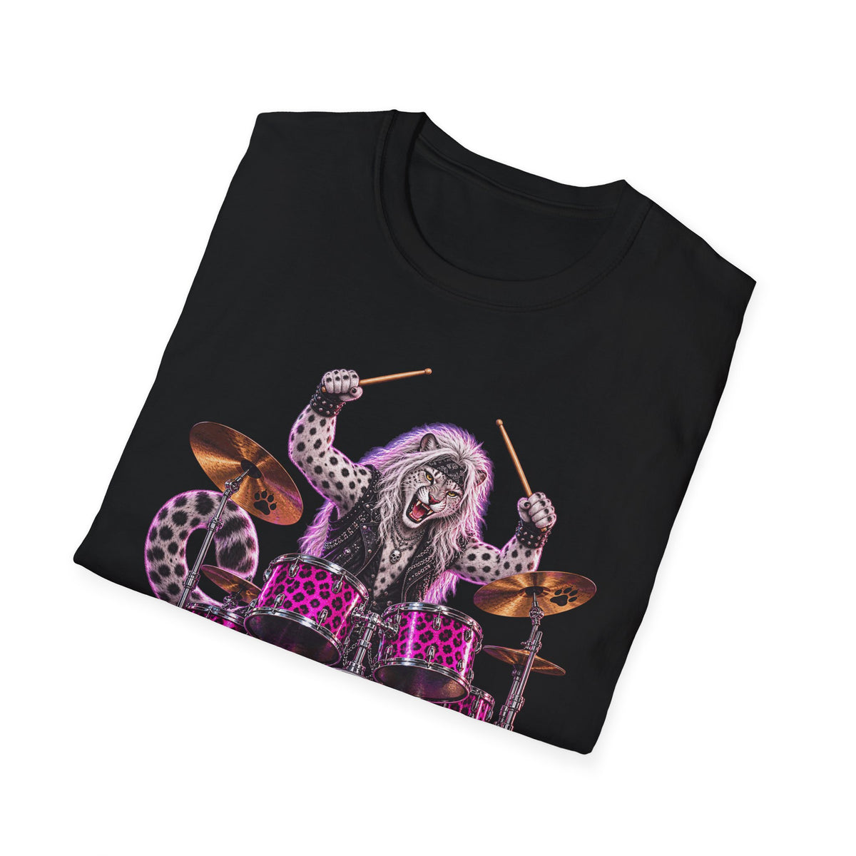 Drumming Snow Leopard T-Shirt — Cute Rock Band Animal Drum Kit Tee