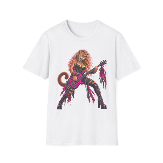 Glam Metal Cougar Bass Guitarist T-Shirt — Retro 80s Rock Woman Graphic Tee