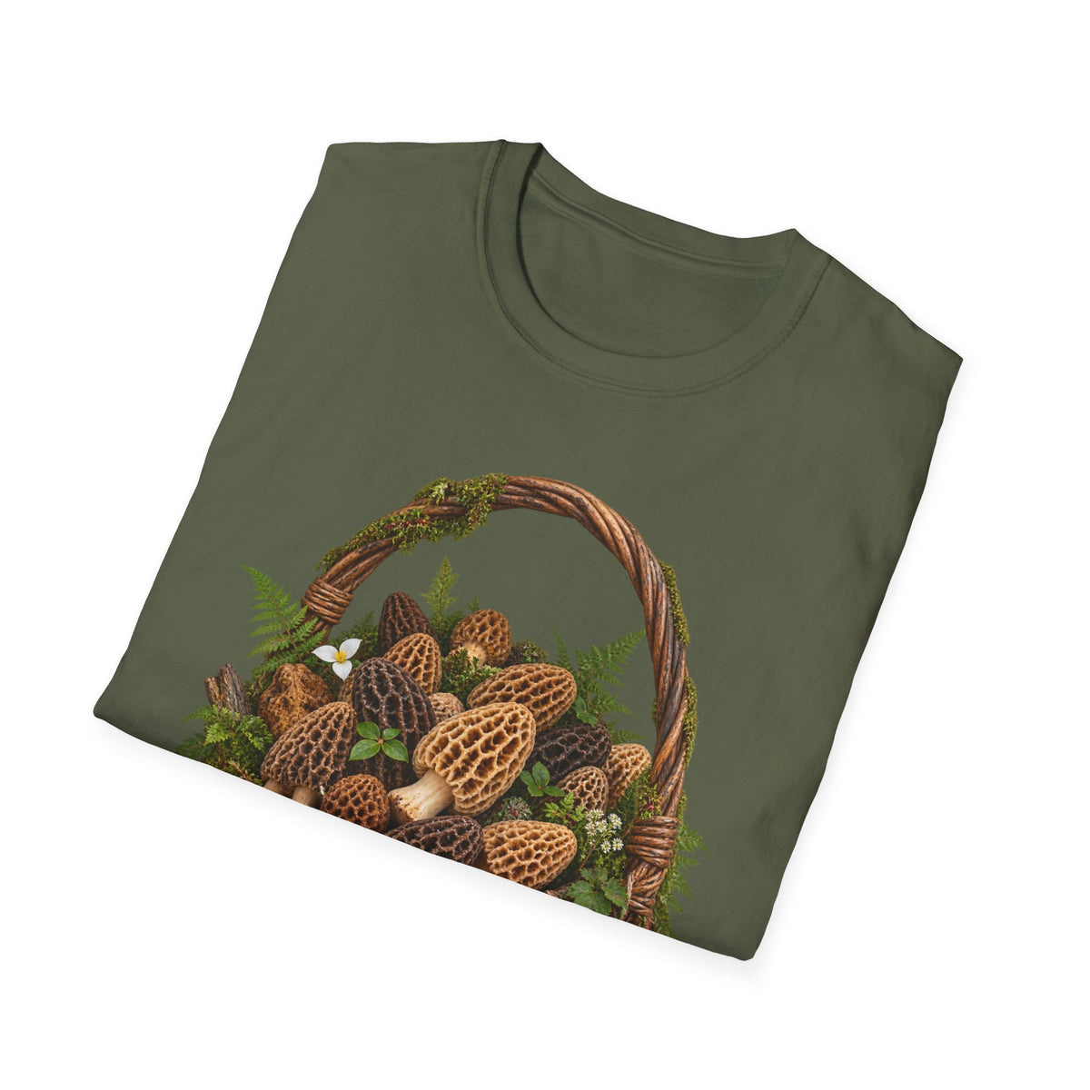 Morel Mushroom Basket T-Shirt Woodland Foraging Nature Graphic Tee Unisex Softstyle T-Shirt