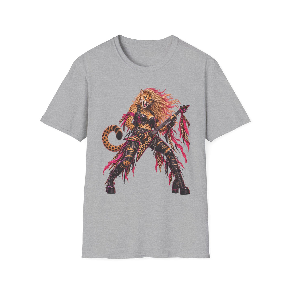 Glam Metal Cheetah Guitarist T-Shirt — Retro 80s Rock Woman Graphic Tee