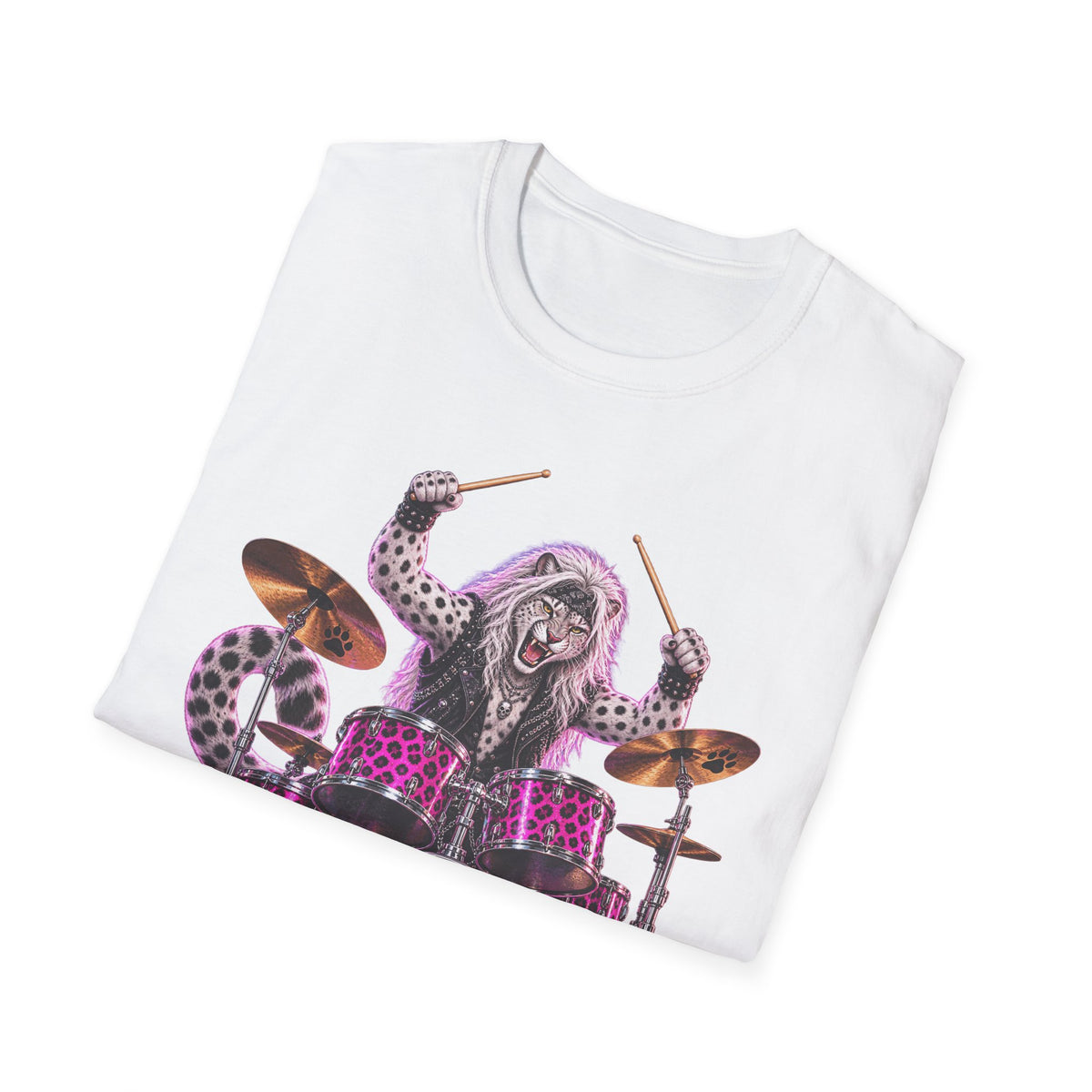 Drumming Snow Leopard T-Shirt — Cute Rock Band Animal Drum Kit Tee