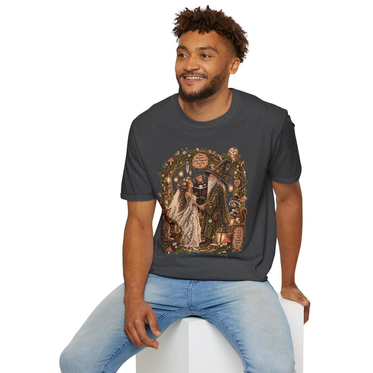 Woodland Wizard Wedding Fantasy T-Shirt — Fairy Tale Bride & Groom Illustration