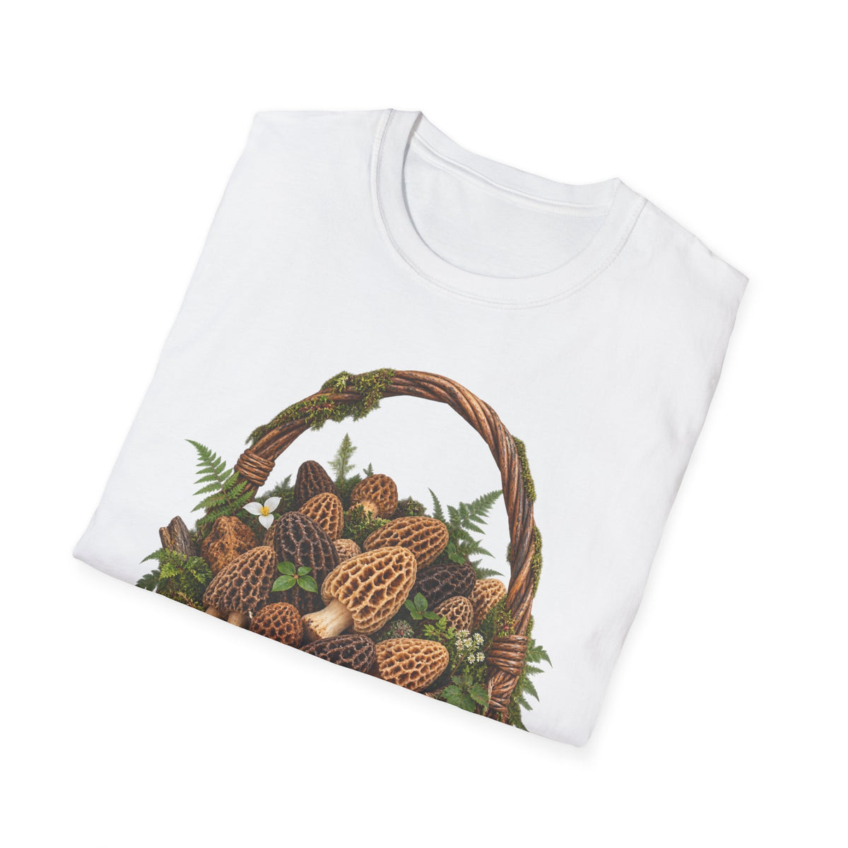 Morel Mushroom Basket T-Shirt Woodland Foraging Nature Graphic Tee Unisex Softstyle T-Shirt