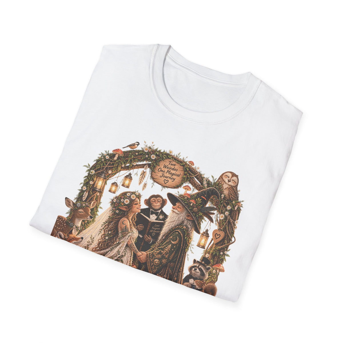Woodland Wizard Wedding Fantasy T-Shirt — Fairy Tale Bride & Groom Illustration
