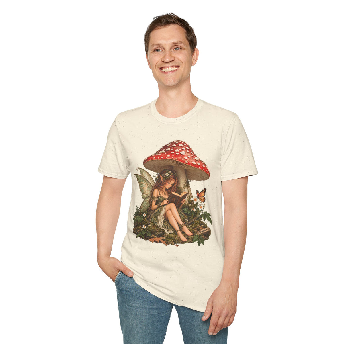 Fairy Mushroom T-Shirt — Woodland Fairy Reading Under Red Toadstool