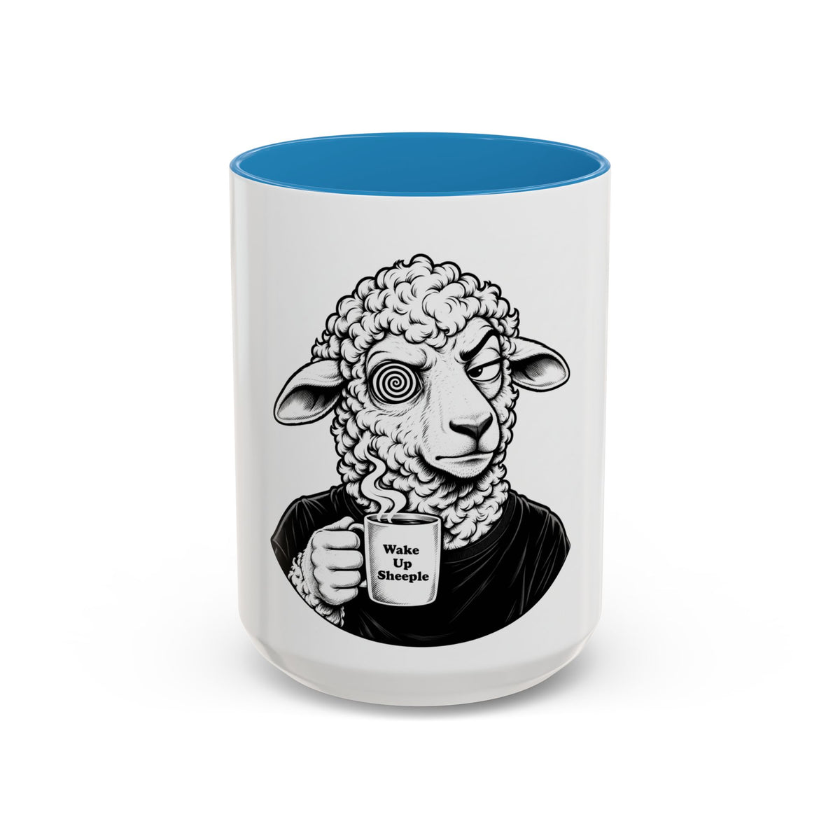 Wake Up Sheeple Coffee Mug — Black-Accent Ceramic Mug with Sheep Illustration