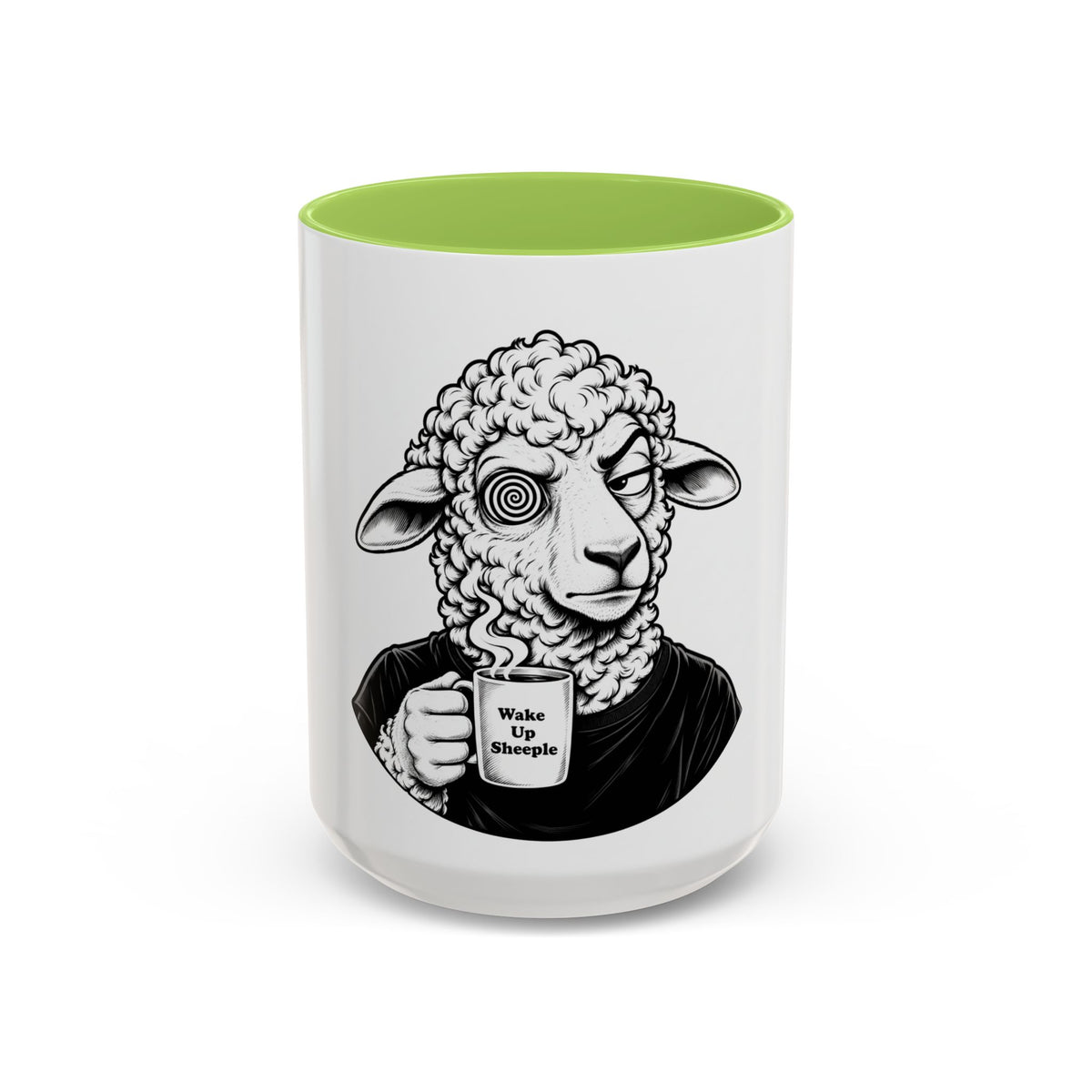 Wake Up Sheeple Coffee Mug — Black-Accent Ceramic Mug with Sheep Illustration