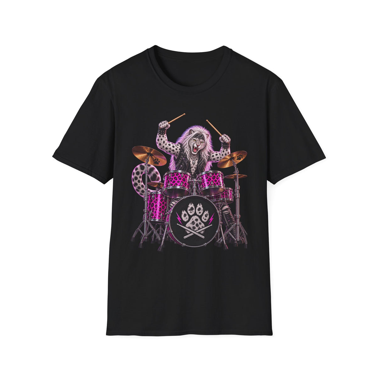 Drumming Snow Leopard T-Shirt — Cute Rock Band Animal Drum Kit Tee