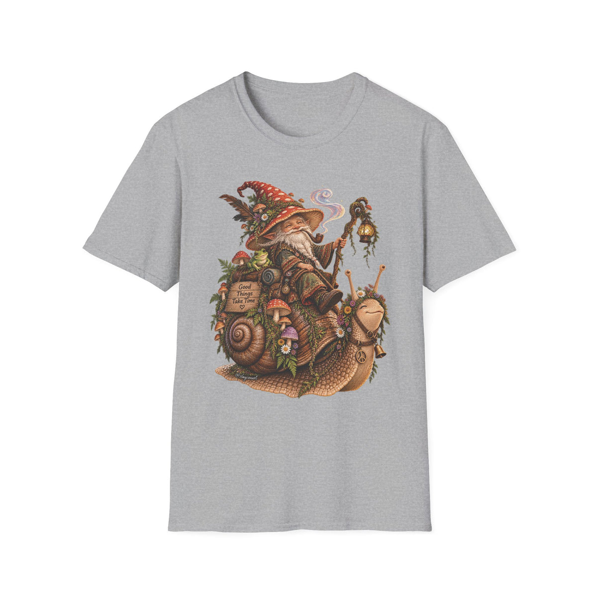 Mushroom Wizard Riding Snail T-Shirt  Whimsical Fantasy Illustration Tee