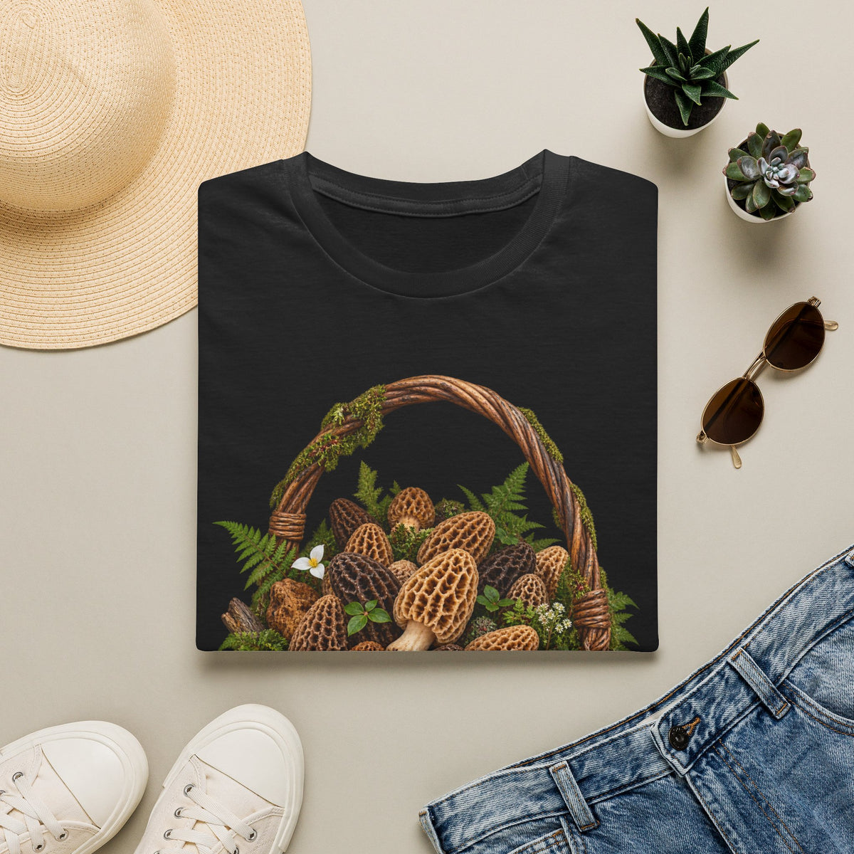 Morel Mushroom Basket T-Shirt Woodland Foraging Nature Graphic Tee Unisex Softstyle T-Shirt
