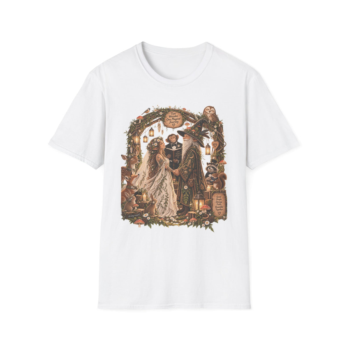 Woodland Wizard Wedding Fantasy T-Shirt — Fairy Tale Bride & Groom Illustration