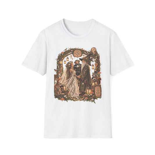 Woodland Wizard Wedding Fantasy T-Shirt — Fairy Tale Bride & Groom Illustration