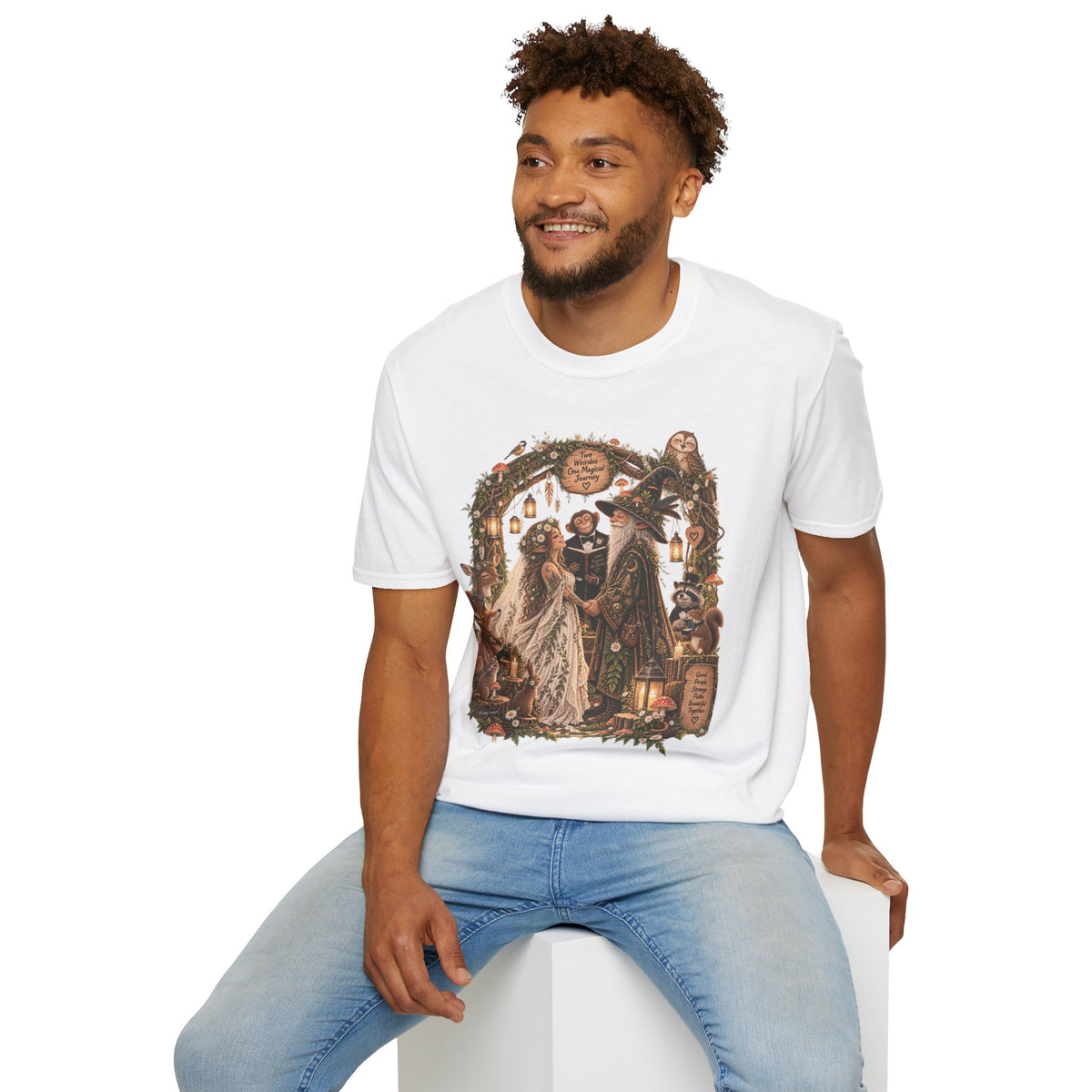 Woodland Wizard Wedding Fantasy T-Shirt — Fairy Tale Bride & Groom Illustration