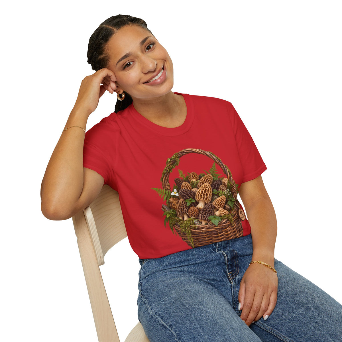 Morel Mushroom Basket T-Shirt Woodland Foraging Nature Graphic Tee Unisex Softstyle T-Shirt