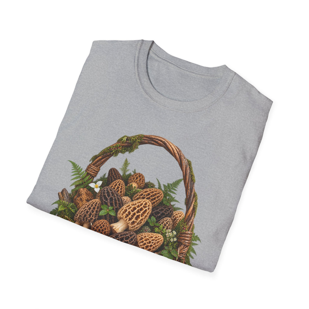 Morel Mushroom Basket T-Shirt Woodland Foraging Nature Graphic Tee Unisex Softstyle T-Shirt