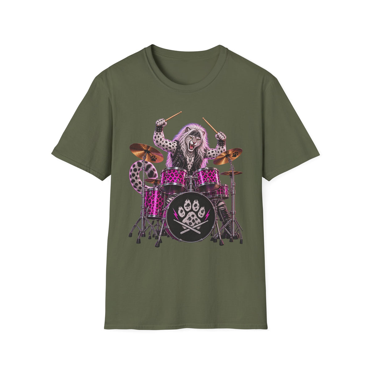 Drumming Snow Leopard T-Shirt — Cute Rock Band Animal Drum Kit Tee