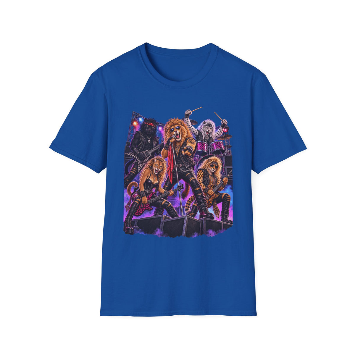 Neon Lights Retro 80s Big Cat Rock Band Graphic Tee