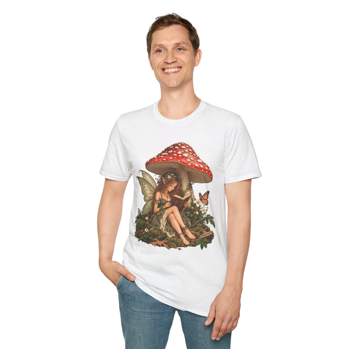 Fairy Mushroom T-Shirt — Woodland Fairy Reading Under Red Toadstool