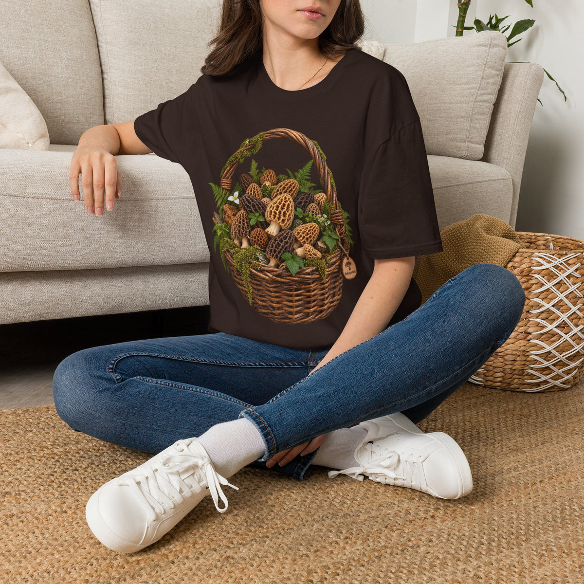 Morel Mushroom Basket T-Shirt Woodland Foraging Nature Graphic Tee Unisex Softstyle T-Shirt