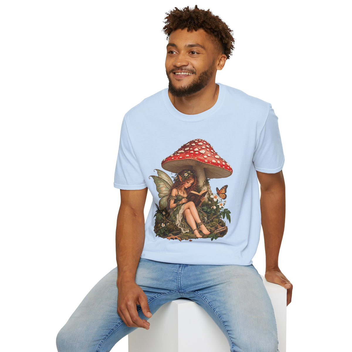 Fairy Mushroom T-Shirt — Woodland Fairy Reading Under Red Toadstool