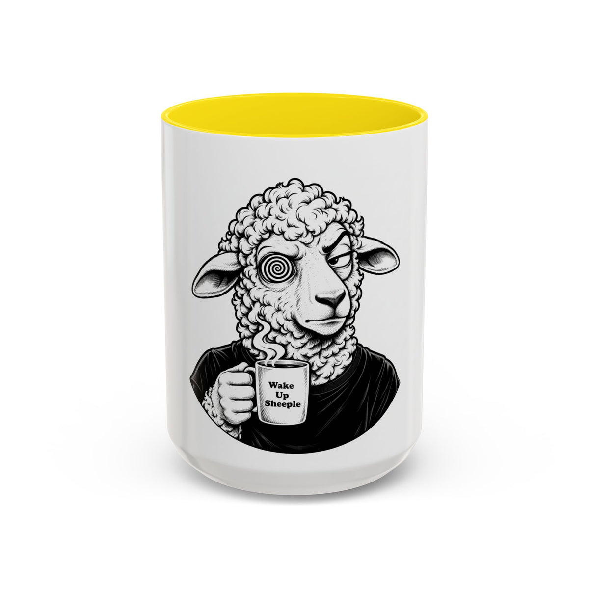 Wake Up Sheeple Coffee Mug — Black-Accent Ceramic Mug with Sheep Illustration