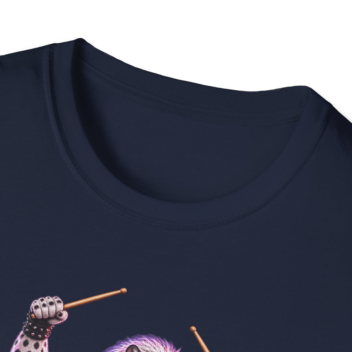 Drumming Snow Leopard T-Shirt — Cute Rock Band Animal Drum Kit Tee