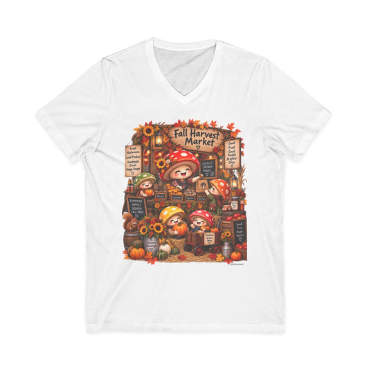 Mushroom Family Fall Farmers Market Jersey Short Sleeve V-Neck Tee