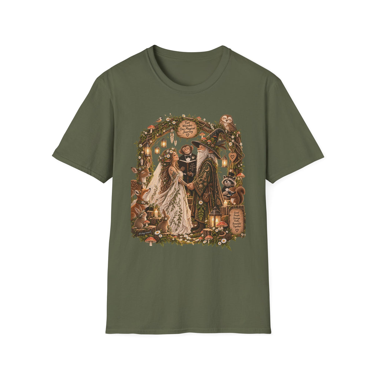 Woodland Wizard Wedding Fantasy T-Shirt — Fairy Tale Bride & Groom Illustration