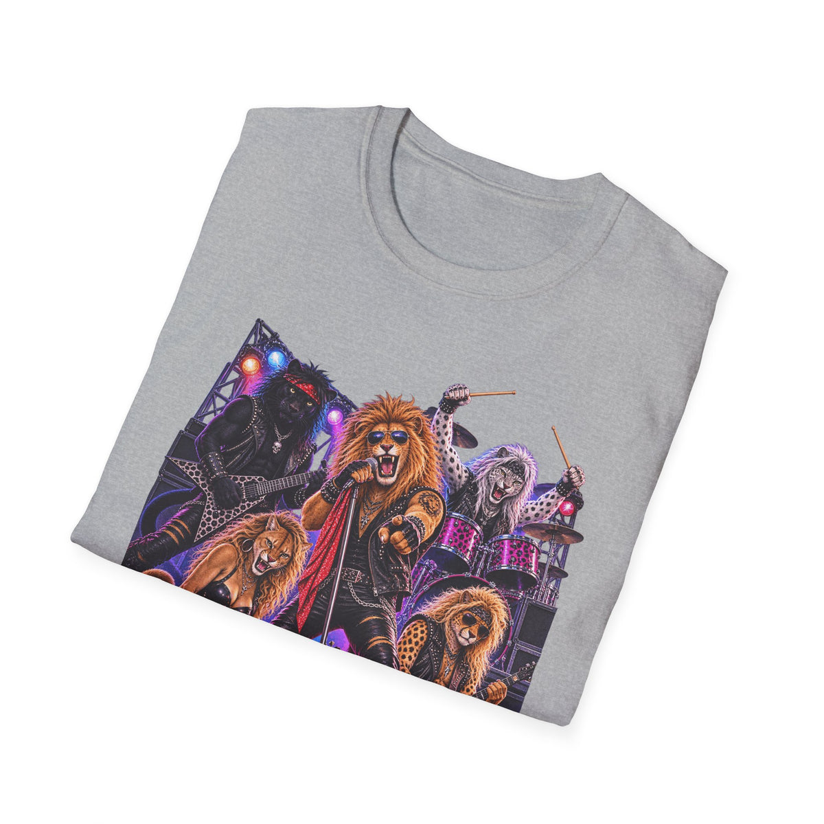 Neon Lights Retro 80s Big Cat Rock Band Graphic Tee