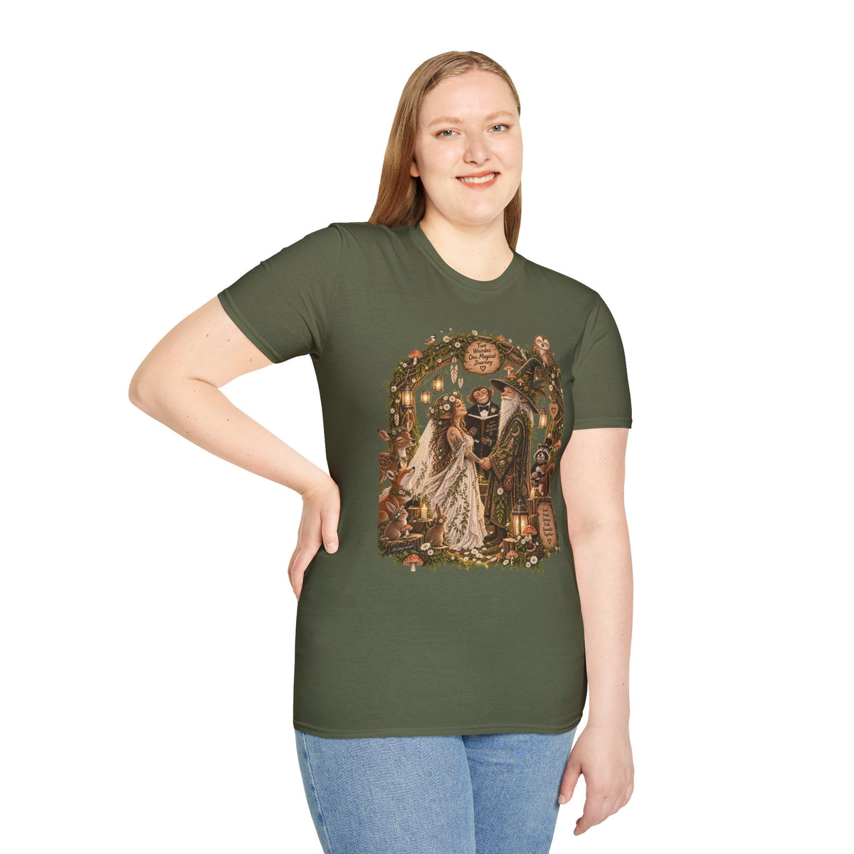 Woodland Wizard Wedding Fantasy T-Shirt — Fairy Tale Bride & Groom Illustration