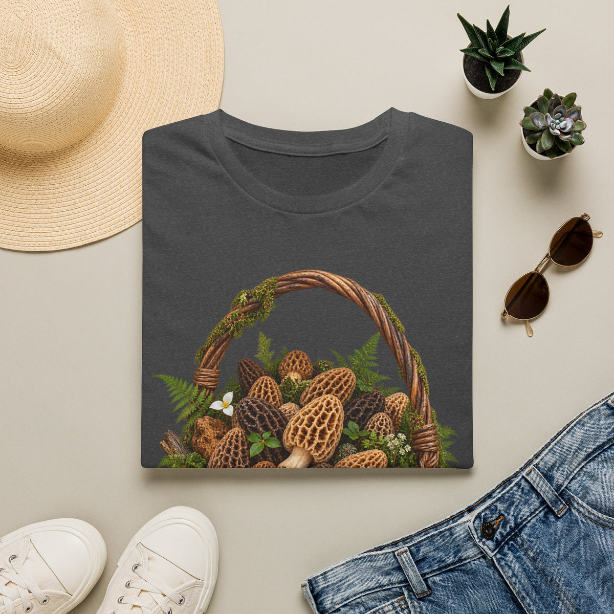 Morel Mushroom Basket T-Shirt Woodland Foraging Nature Graphic Tee Unisex Softstyle T-Shirt
