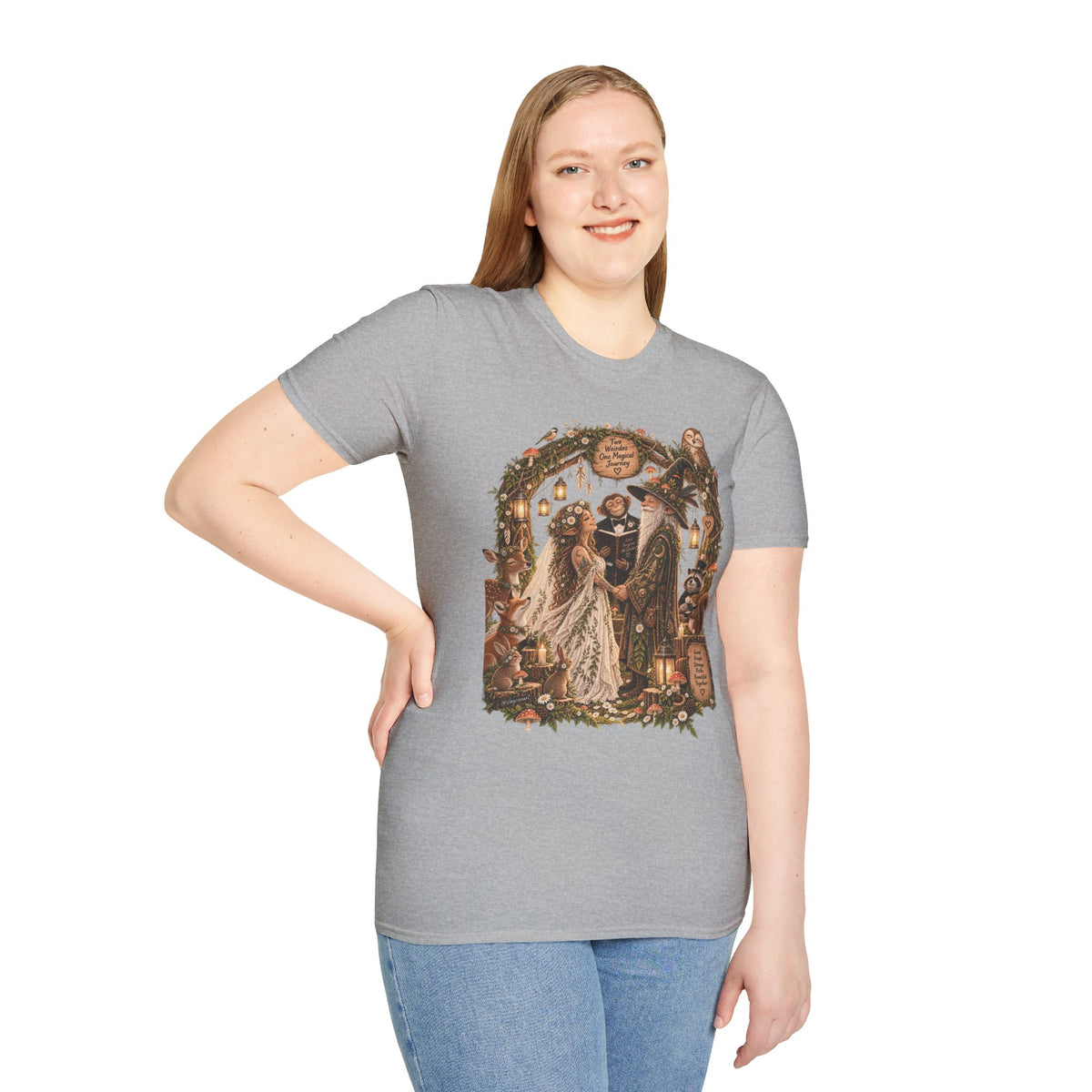 Woodland Wizard Wedding Fantasy T-Shirt — Fairy Tale Bride & Groom Illustration
