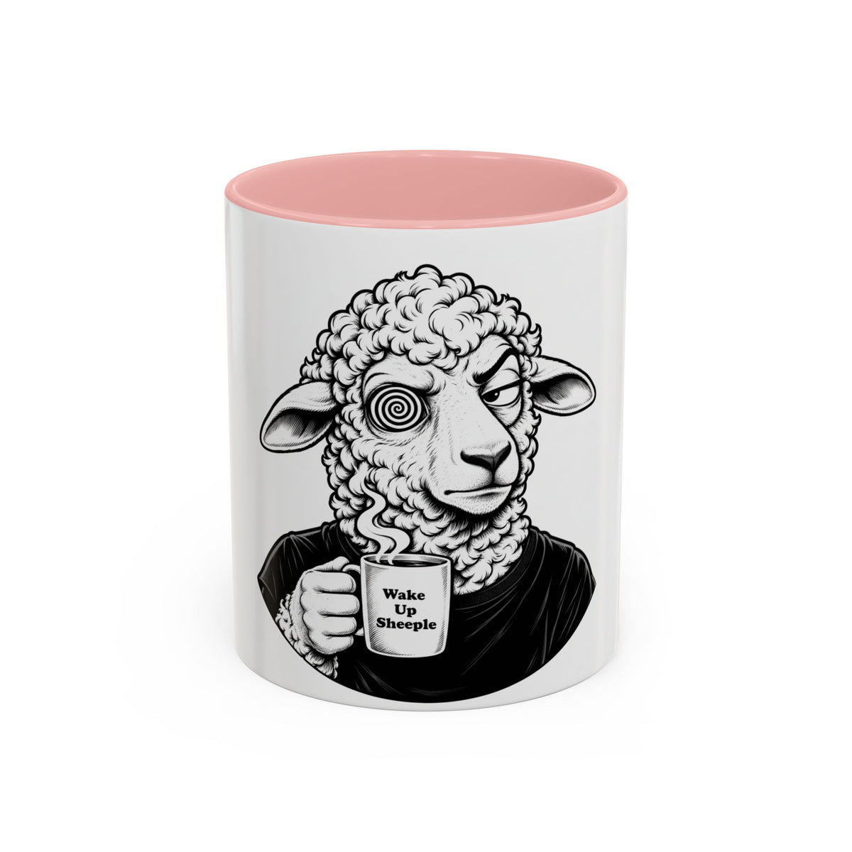 Wake Up Sheeple Coffee Mug — Black-Accent Ceramic Mug with Sheep Illustration