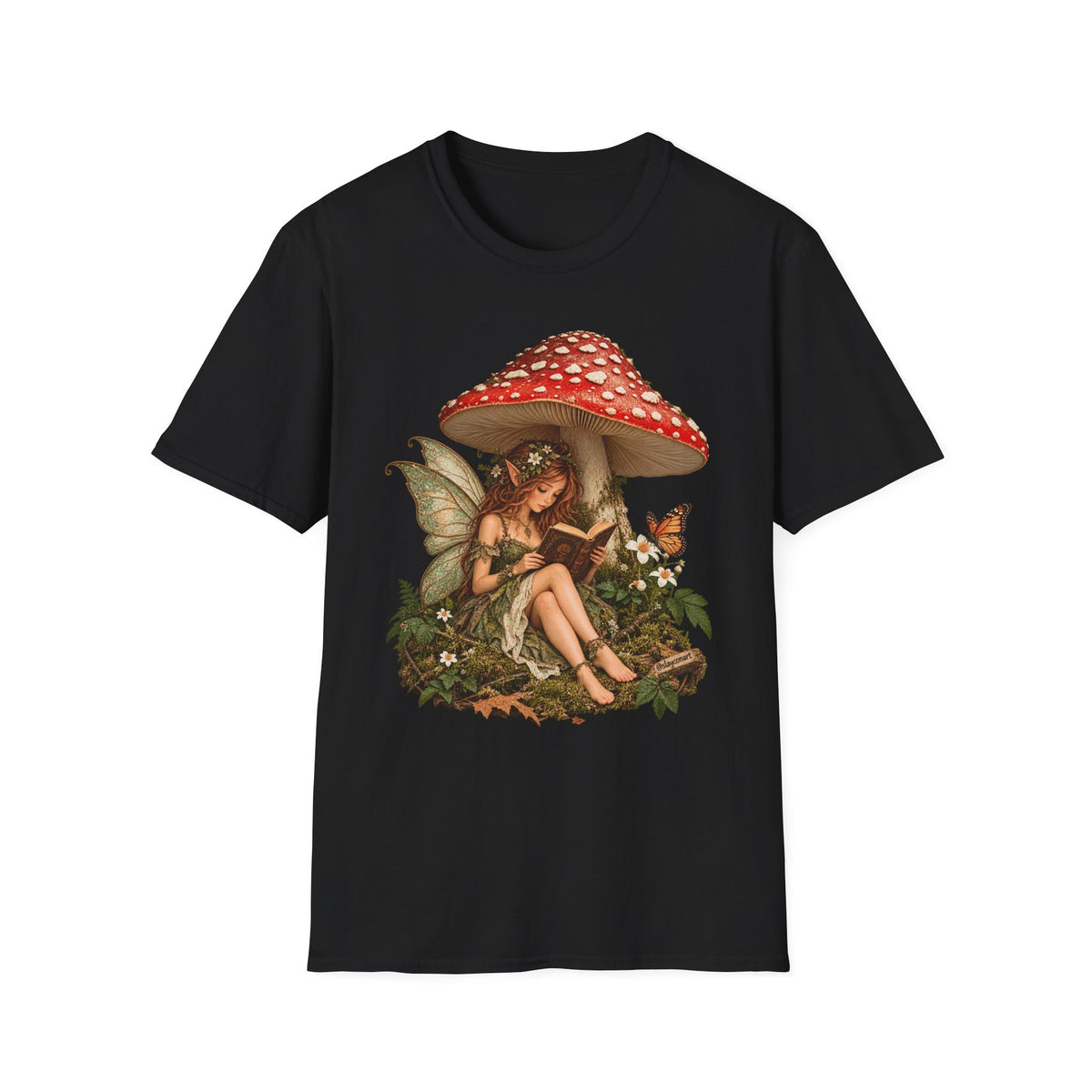 Fairy Mushroom T-Shirt — Woodland Fairy Reading Under Red Toadstool