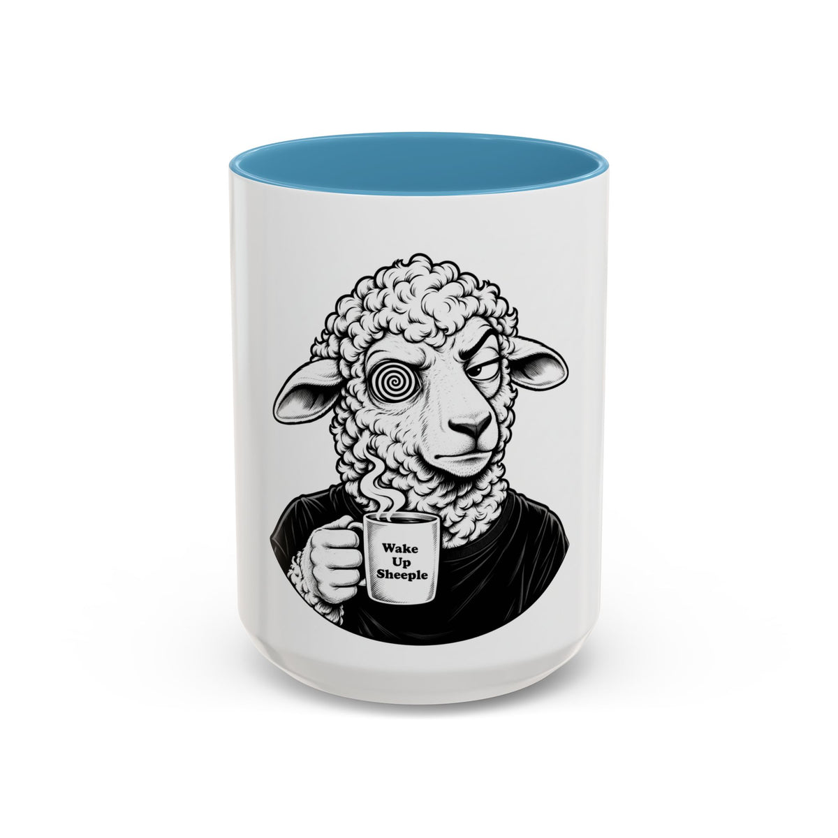 Wake Up Sheeple Coffee Mug — Black-Accent Ceramic Mug with Sheep Illustration