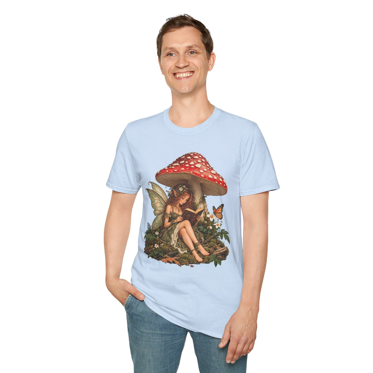 Fairy Mushroom T-Shirt — Woodland Fairy Reading Under Red Toadstool