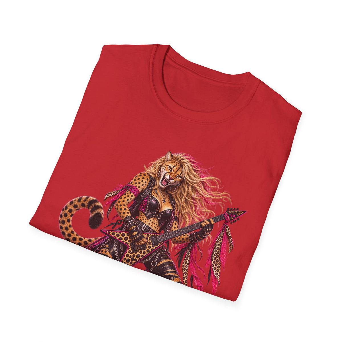 Glam Metal Cheetah Guitarist T-Shirt — Retro 80s Rock Woman Graphic Tee