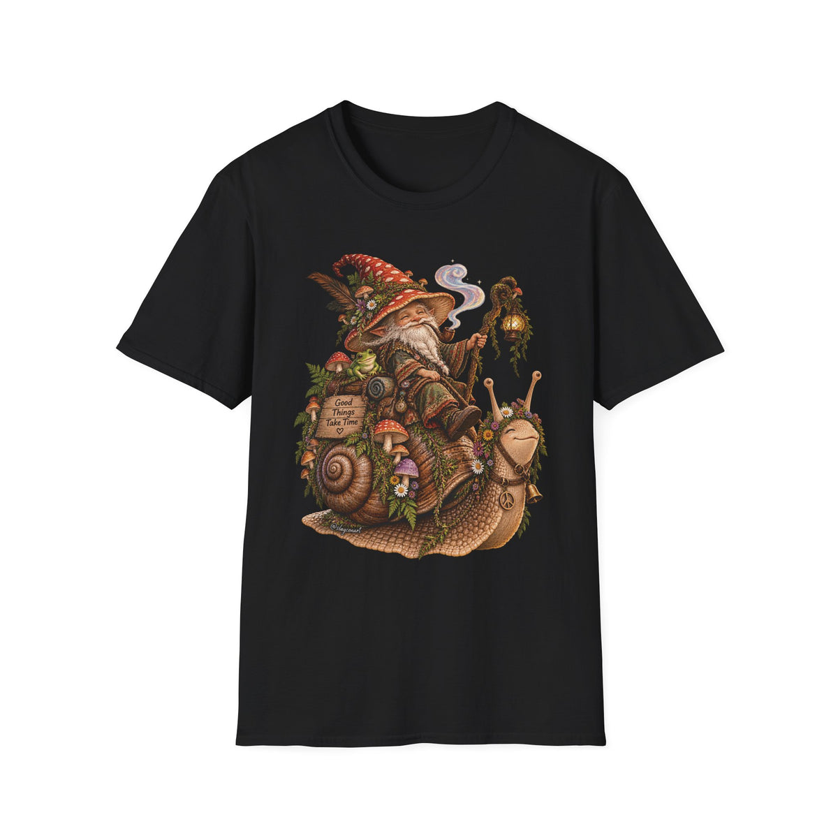 Mushroom Wizard Riding Snail T-Shirt  Whimsical Fantasy Illustration Tee